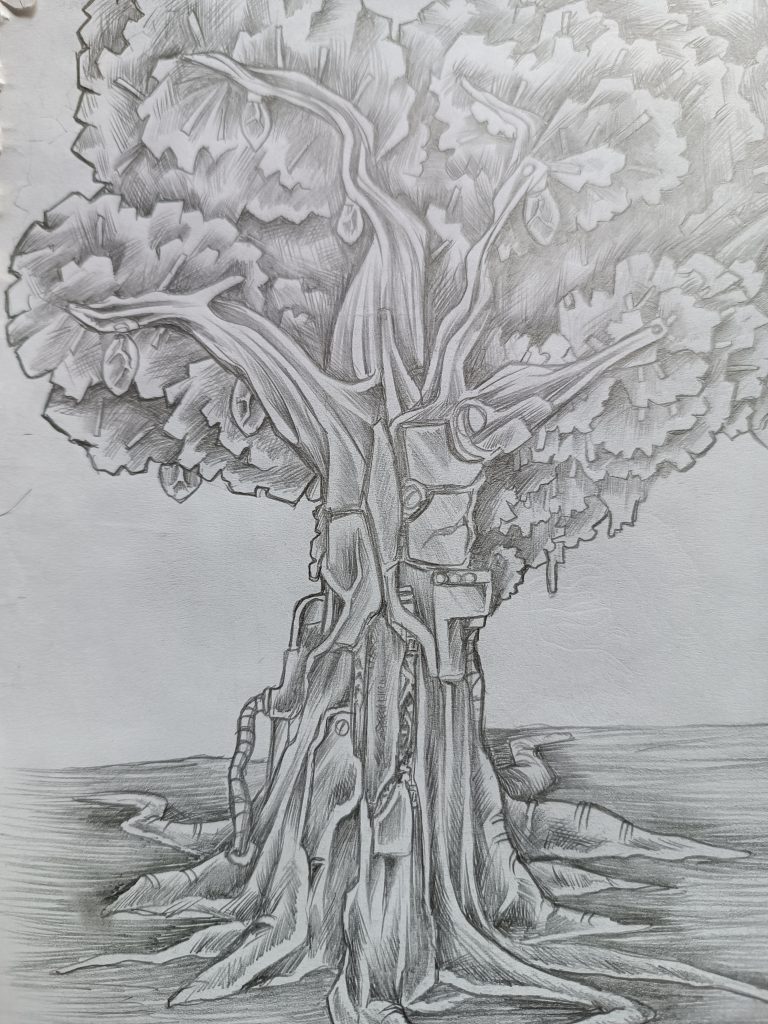Mechanical tree / Árbol mecánico. Drawing made with 2B pencil. / Dibujo hecho con lápiz 2B.
